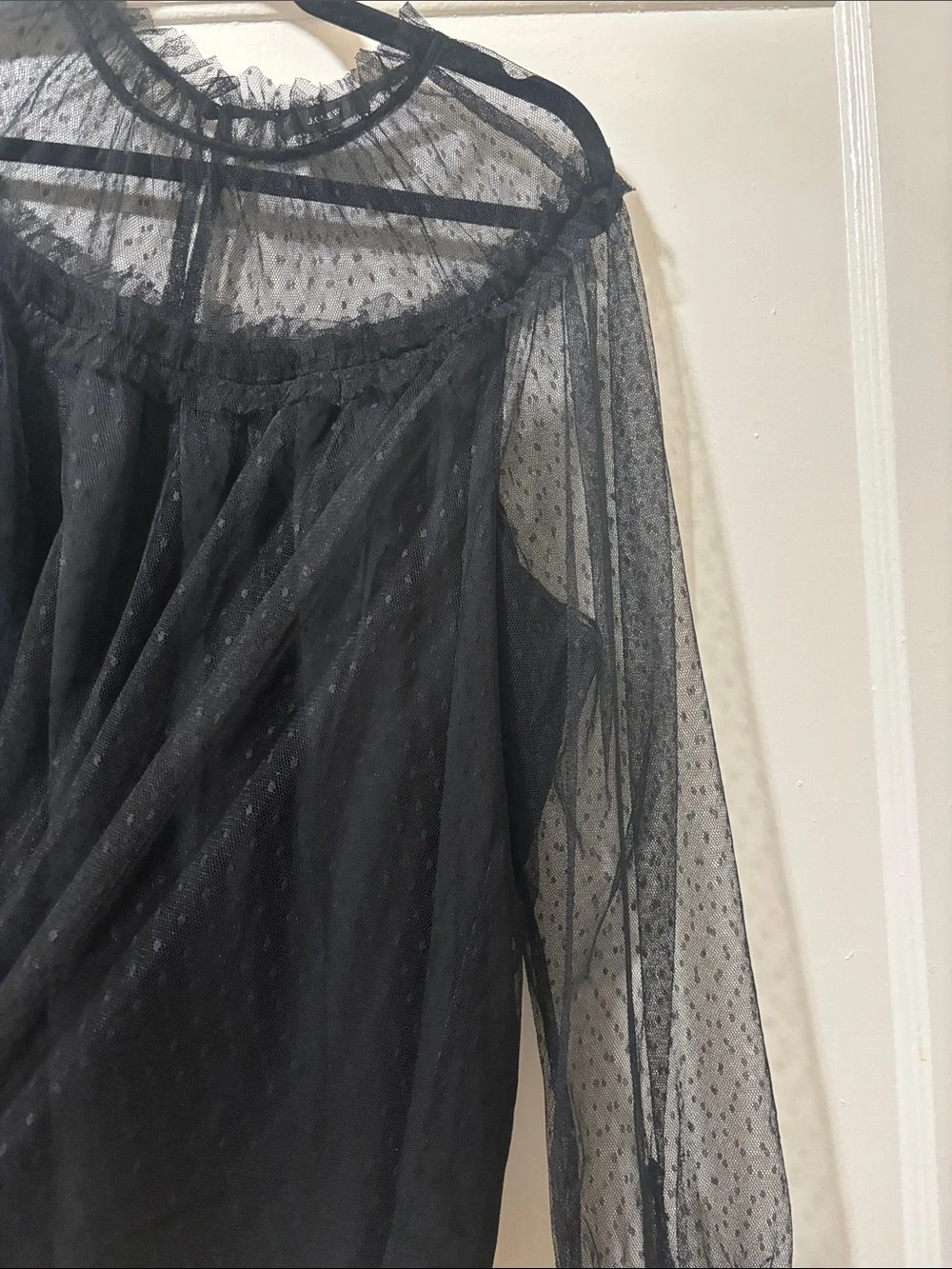 Jcrew Black Sheer Dot Mesh Blouse with Ruffle Neckline